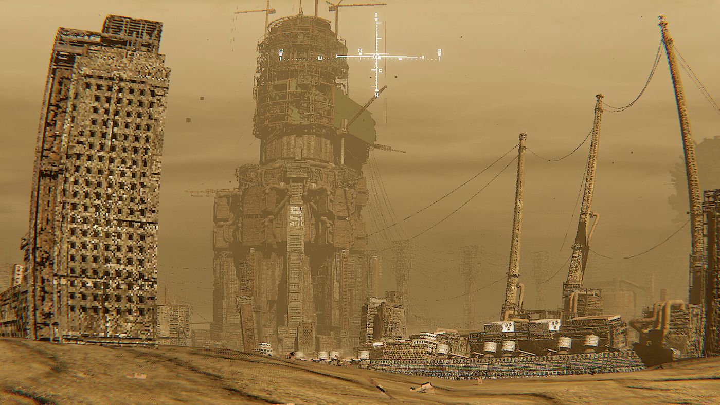 Ruined towers under a dust sky