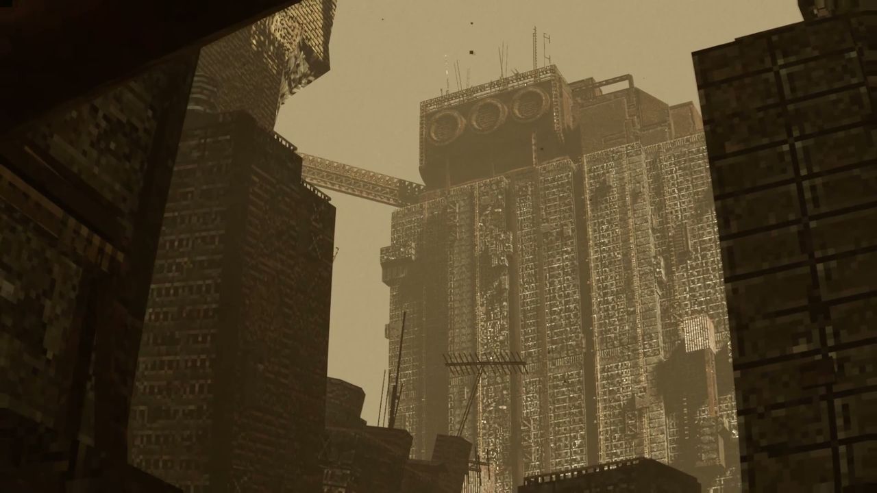 A megastructure skyline under a dust sky