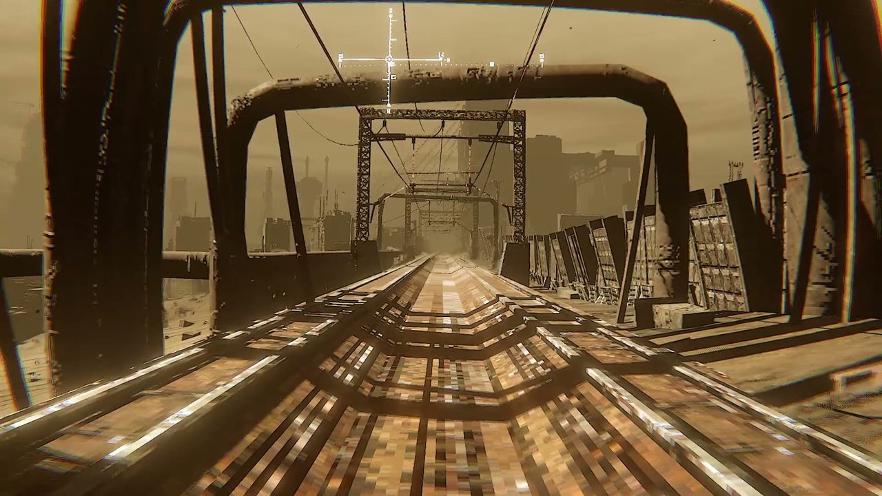 First-person view along rails, compass visible