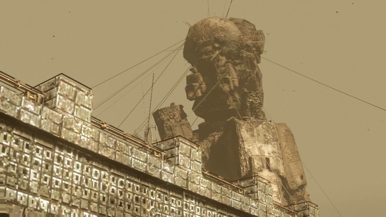 A colossal concrete structure seen from below