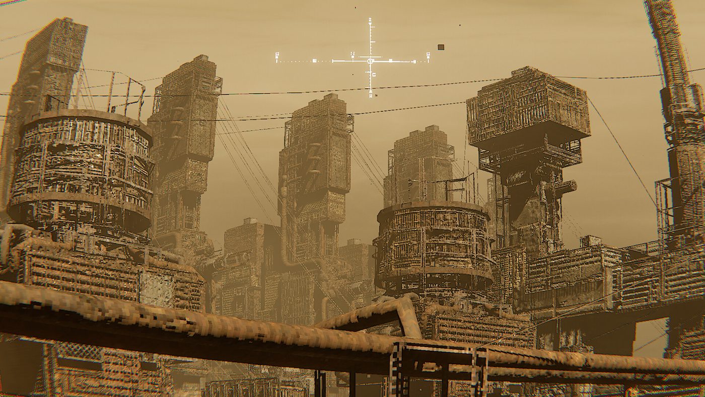 A dust-lit canyon between concrete megastructures